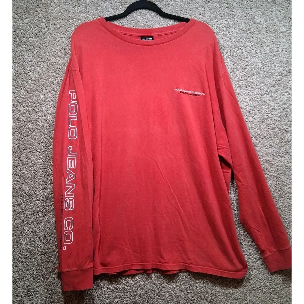 Mens XXL Vintage Polo Jeans Company Long Sleeve T-shirt. Red. Ralph Lauren.